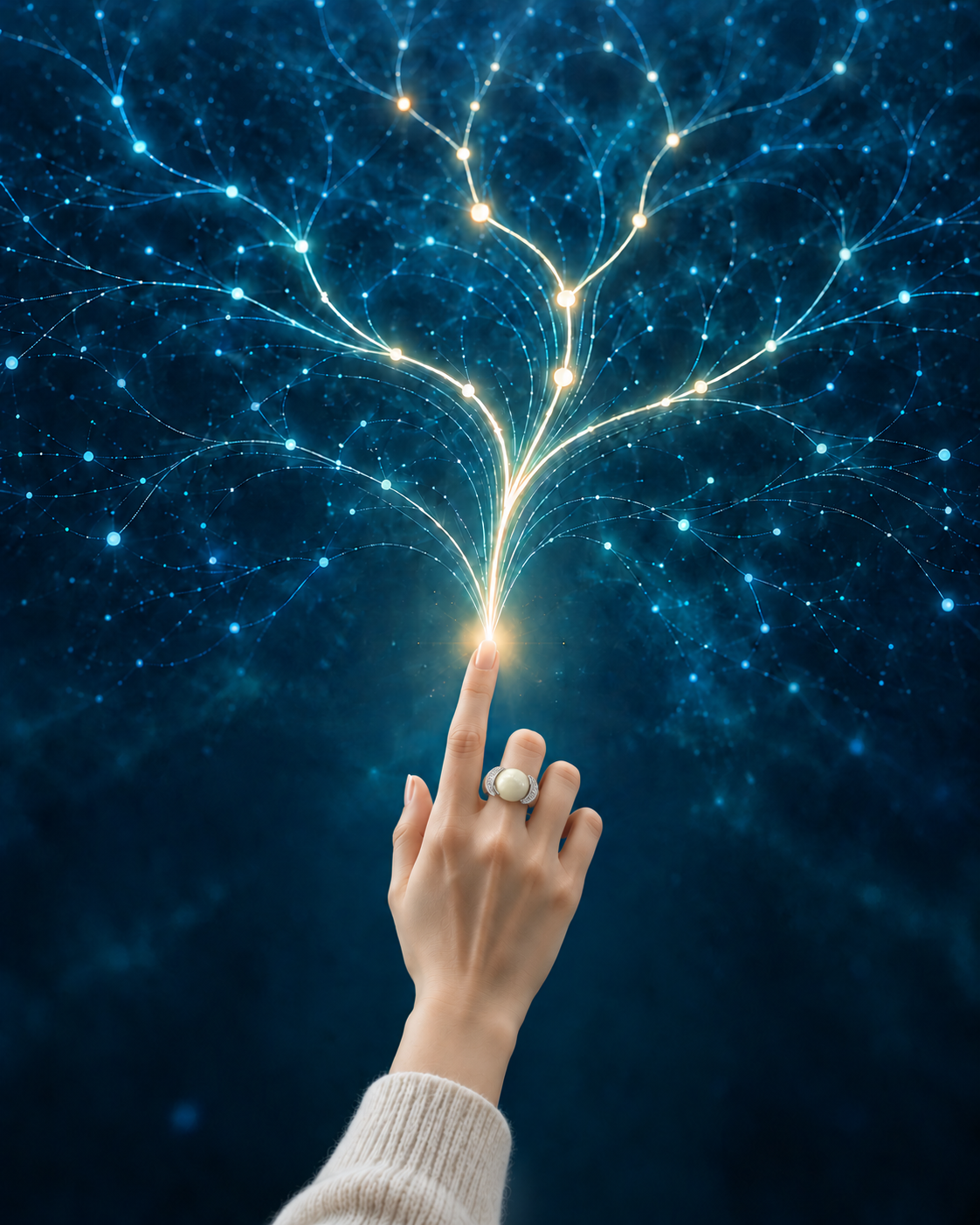 A human hand illuminating a branching network of connections